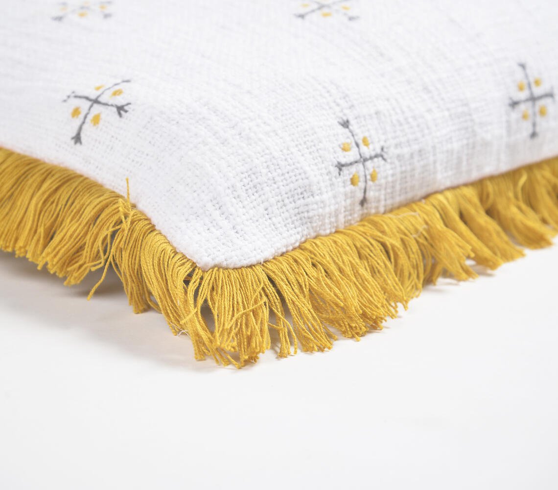 Embroidered Cotton Fringed Lumbar Cushion Cover, 30 x 14 inches