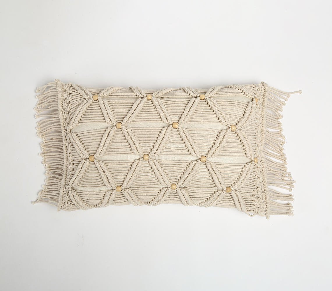 Macrame Fringed & Beaded Lumbar Cushion Cover