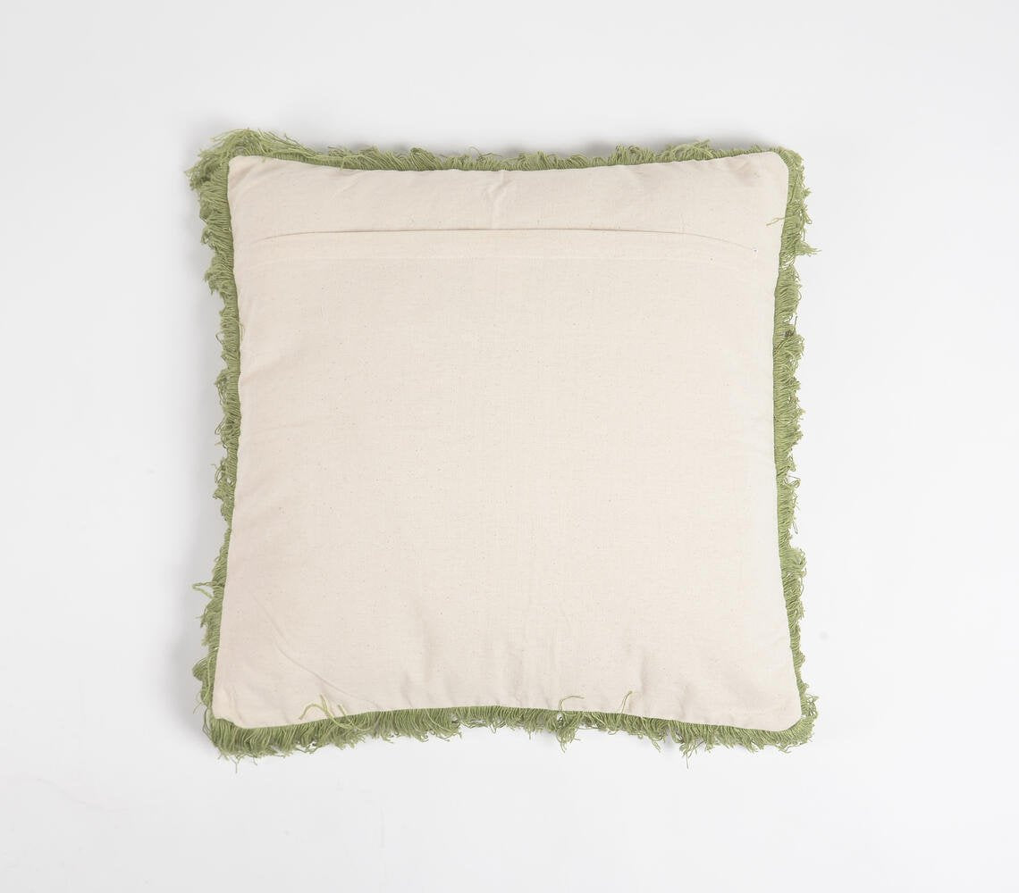 Embroidered Geometric Cushion Cover with Fringes