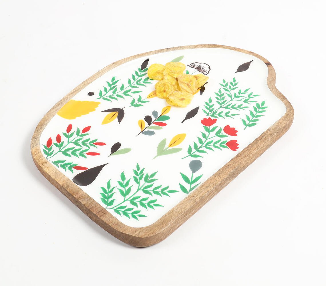 Enamelled Botanical Abstract-Shaped Wooden Serving Platter