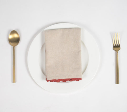 Set of 4 - Solid Taupe Table Napkins with Scarlet Scallop Edges