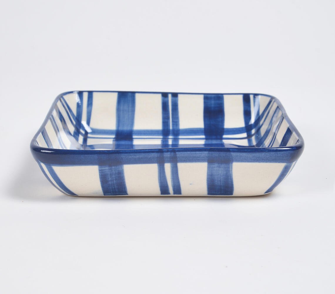 Indigo Plaid Ceramic square Baking Dish