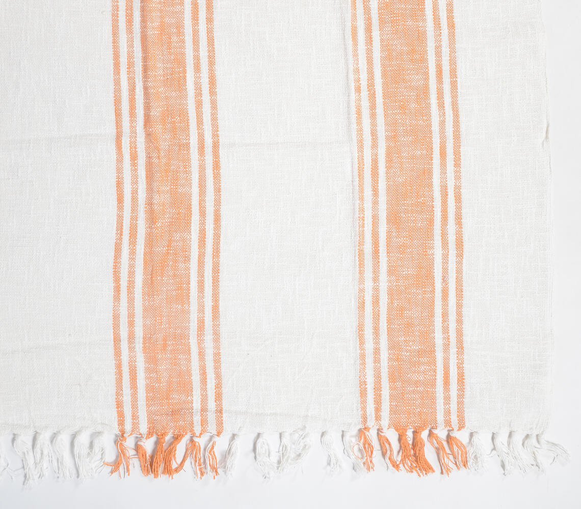 Handwoven Cotton Tangerine Striped Throw with Tassels