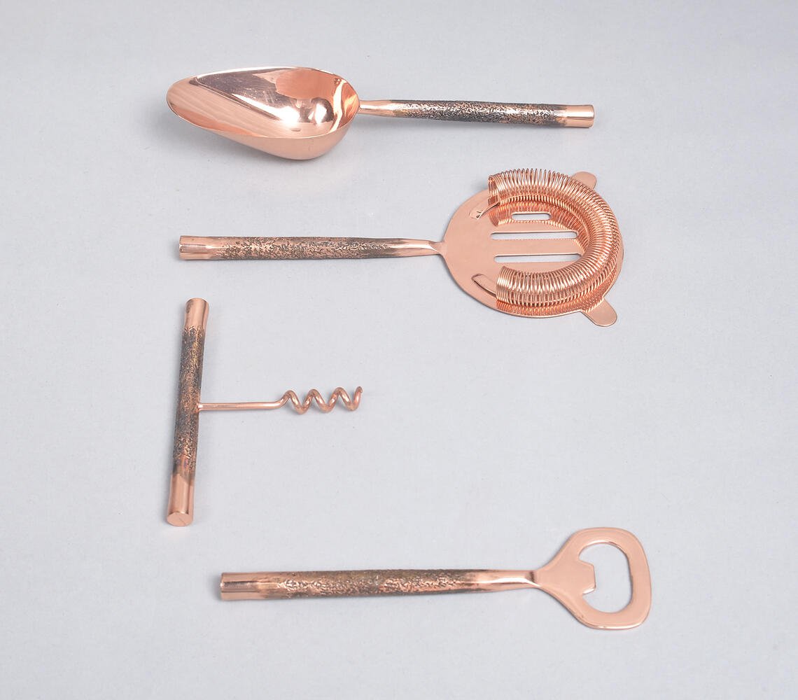 Rose-Gold-Toned Stainless Steel Textured Bar Tools (Set of 4)