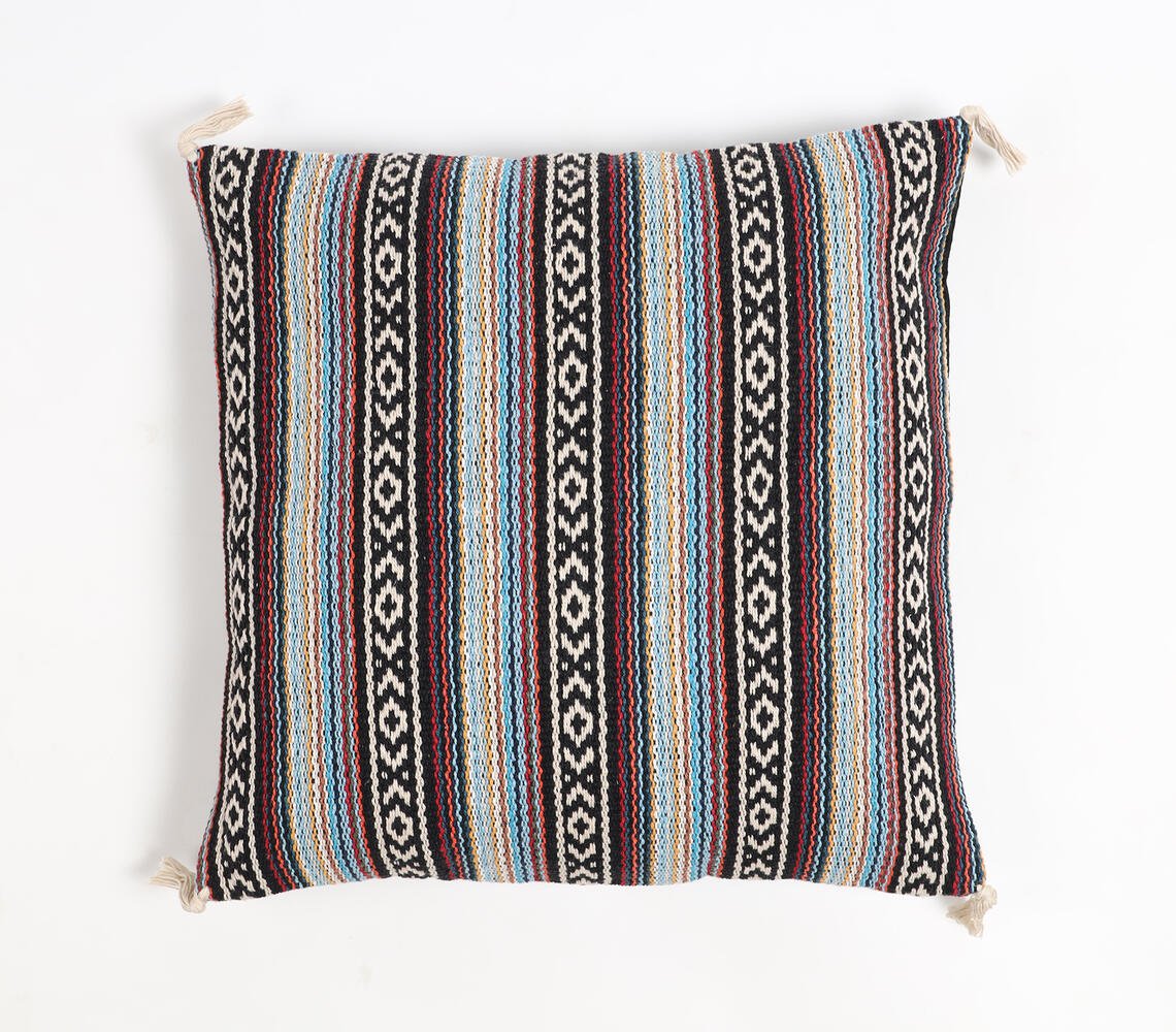 Jacquard Corduroy Striped Tasseled Cushion Cover, 18 x 18 inches