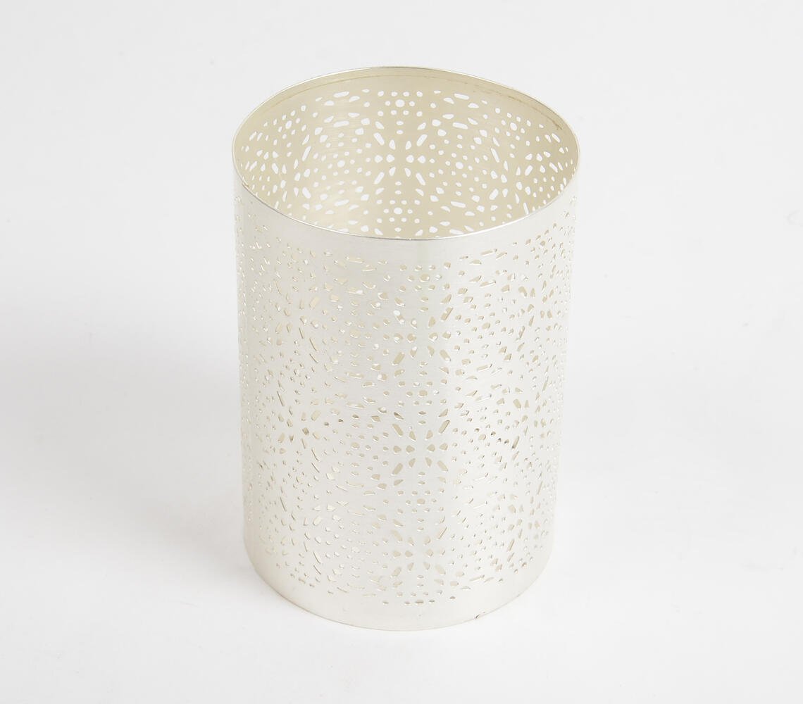 Honeycomb Jali Cut Silver-Toned Iron Candle Holder