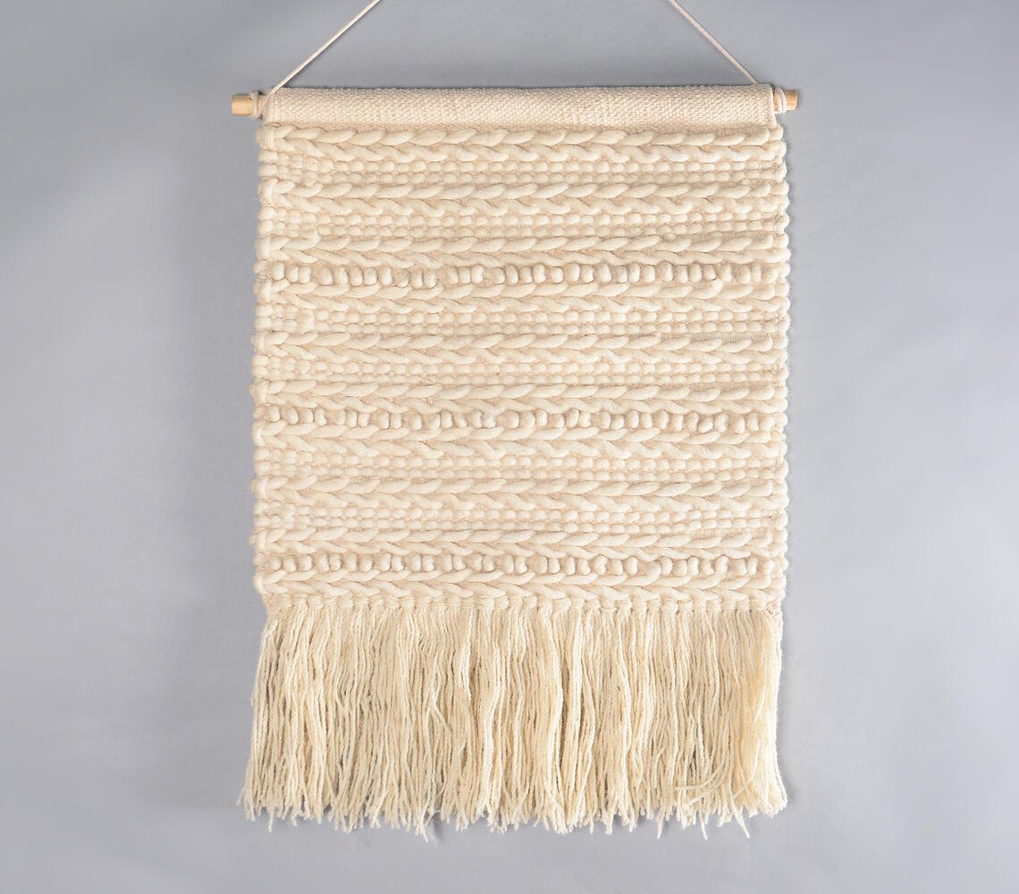 Handwoven Wool & Cotton Neutral Fringed Wall Hanging