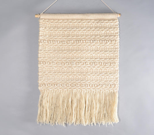 Handwoven Wool & Cotton Neutral Fringed Wall Hanging