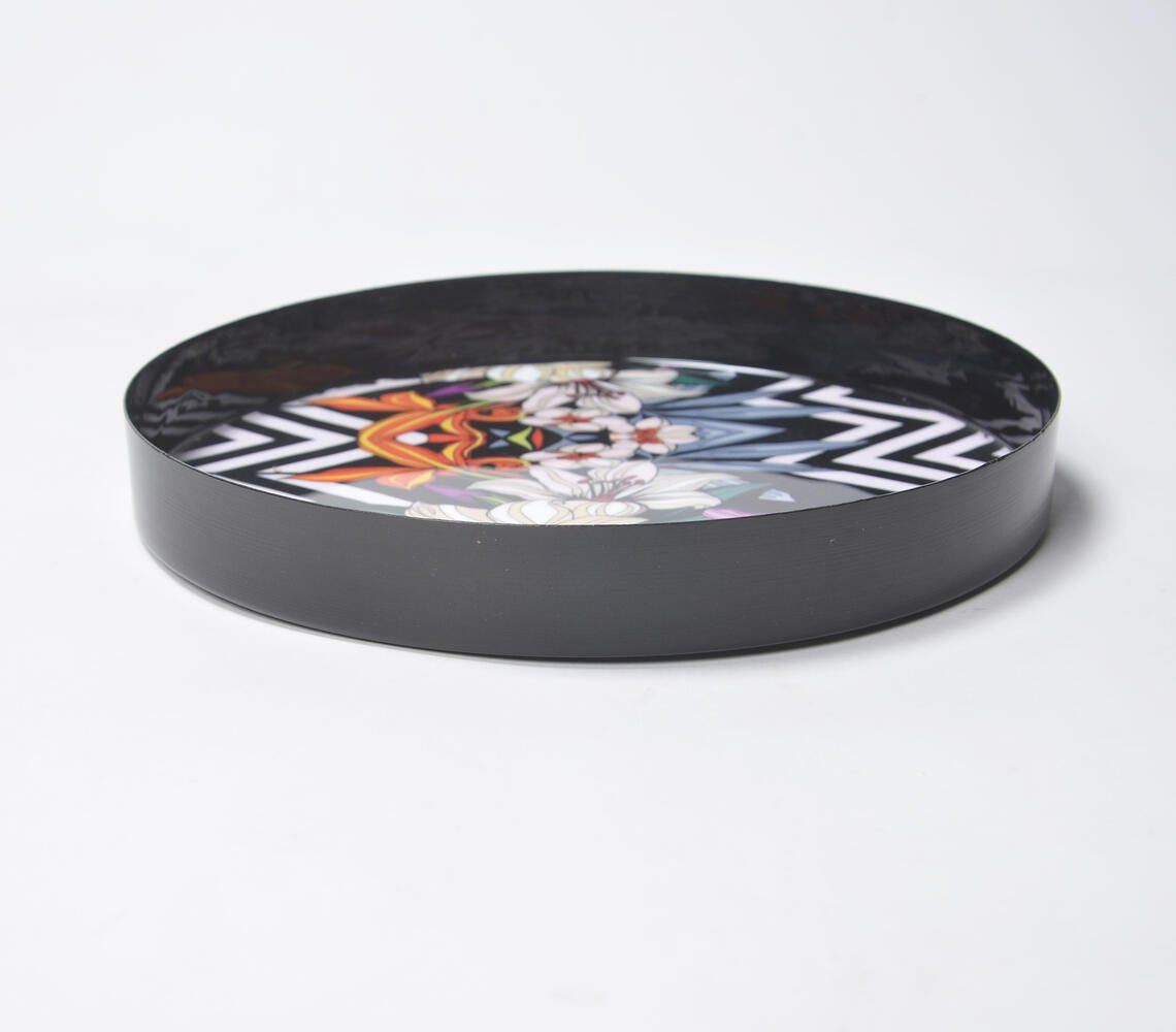 Chevron Floral Enamelled Metal Round Black Tray