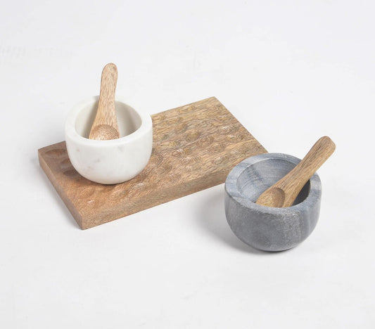 Set of Turned Stone Condiment Bowls with Wooden Spoons & Tray