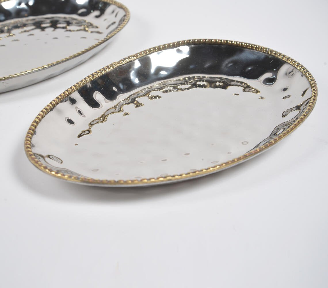 Hand Beaten Silver-Toned Iron Egg-Shaped Serving Trays (set of 2)