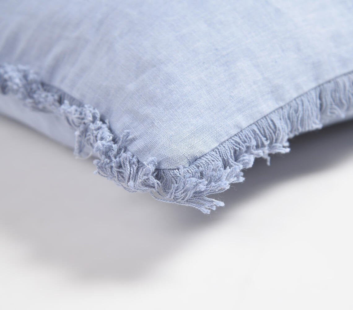 Solid Cotton Linen Powder Blue Cushion Cover with Frayed Edges, 18 x 18 inches