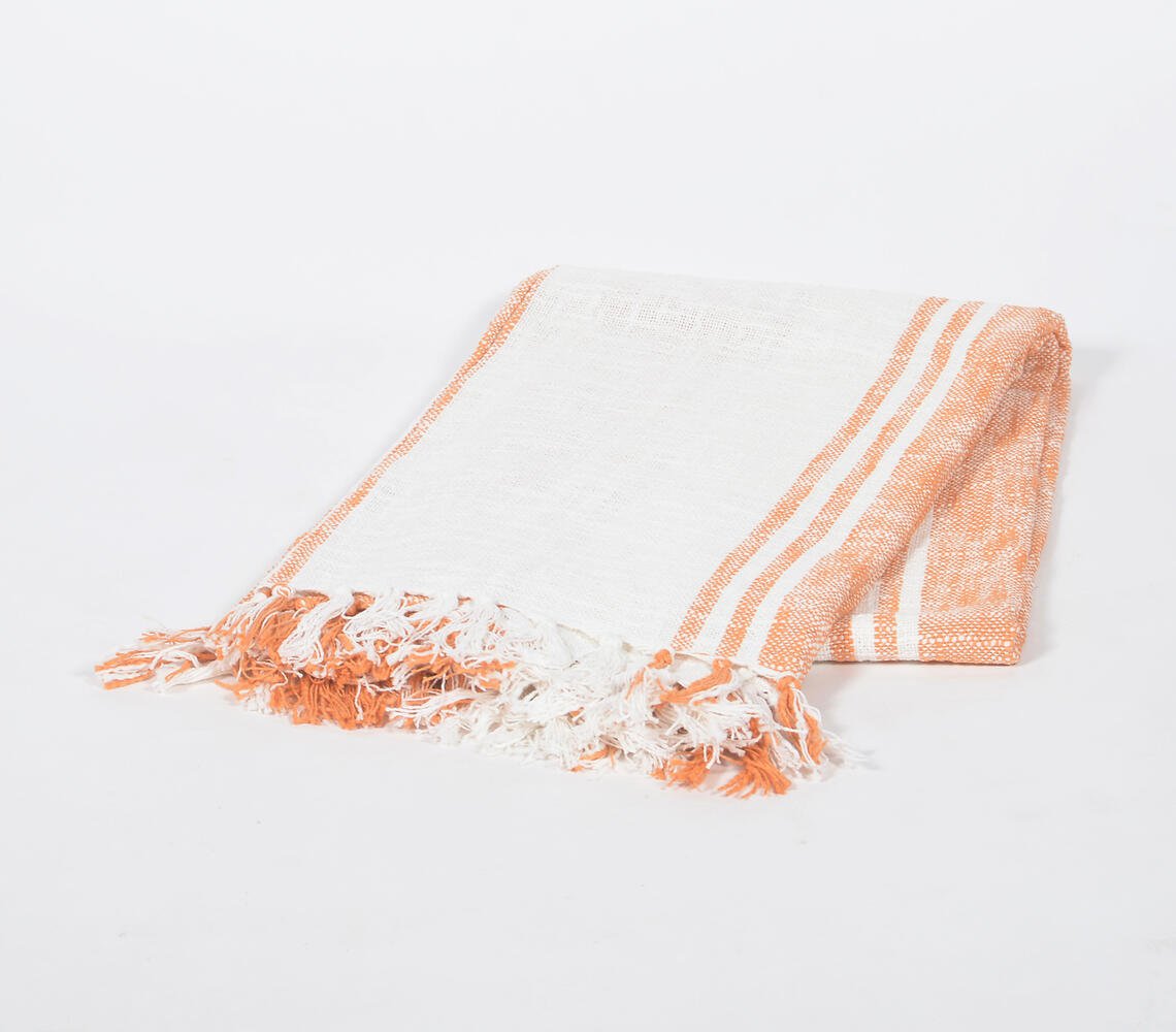 Handwoven Cotton Tangerine Striped Throw with Tassels