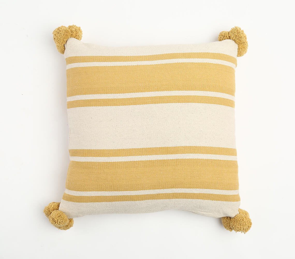 Colorblock Cotton Cushion Cover With Pom Poms