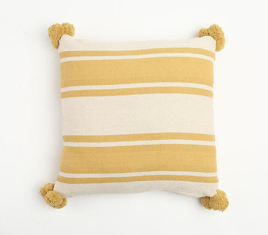 Colorblock Cotton Cushion Cover With Pom Poms