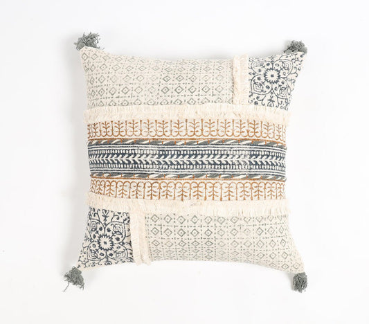 Block Printed Cotton Maximal Tasseled Cushion Cover