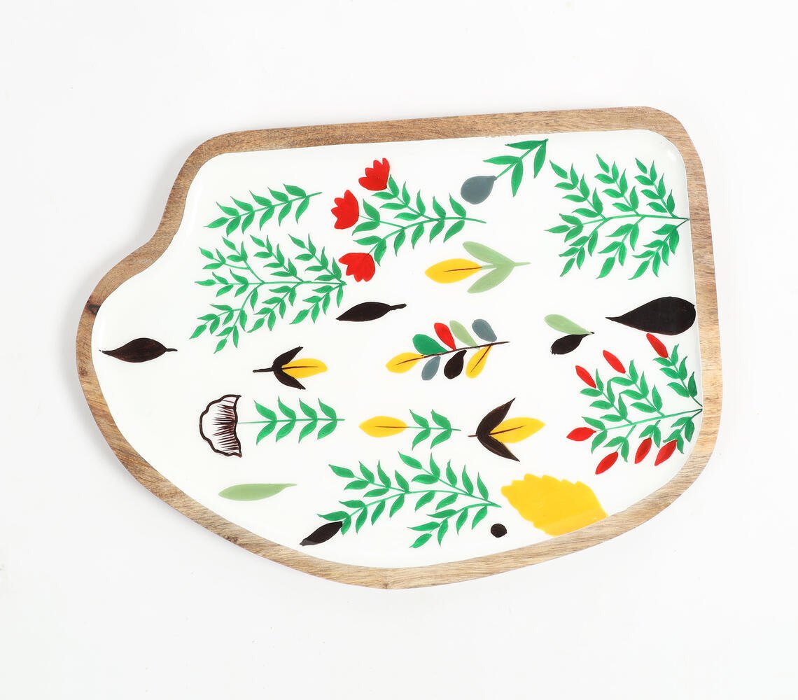 Enamelled Botanical Abstract-Shaped Wooden Serving Platter