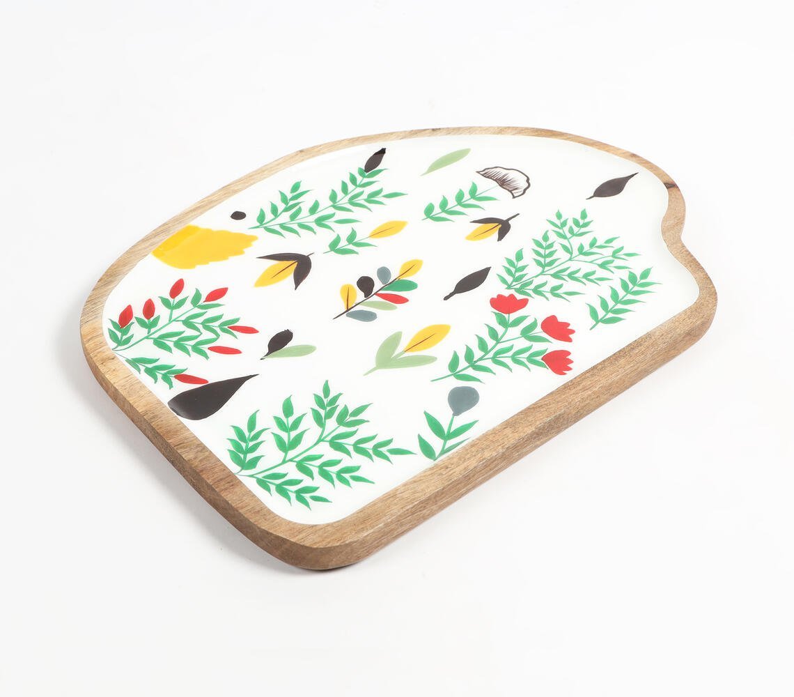 Enamelled Botanical Abstract-Shaped Wooden Serving Platter