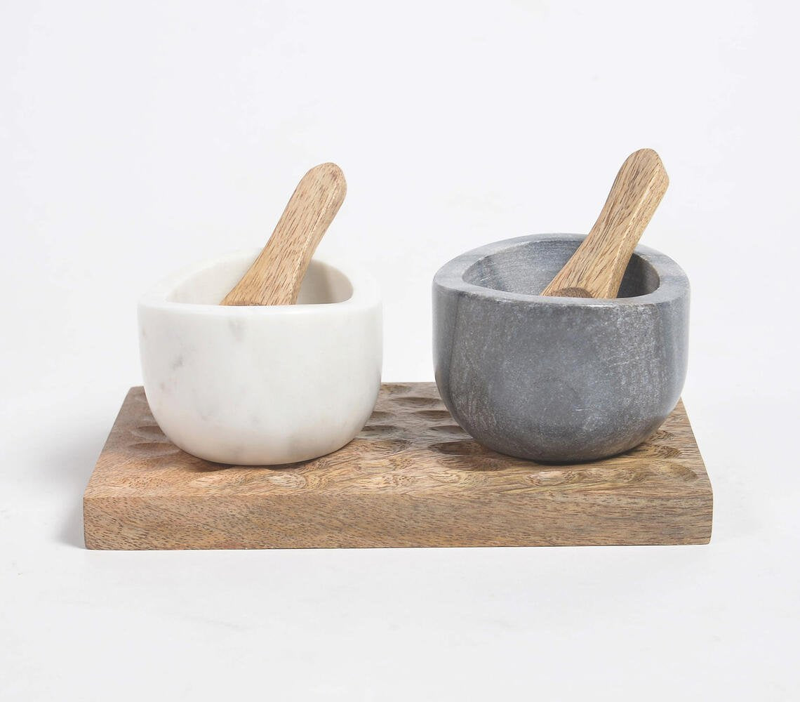 Set of Turned Stone Condiment Bowls with Wooden Spoons & Tray