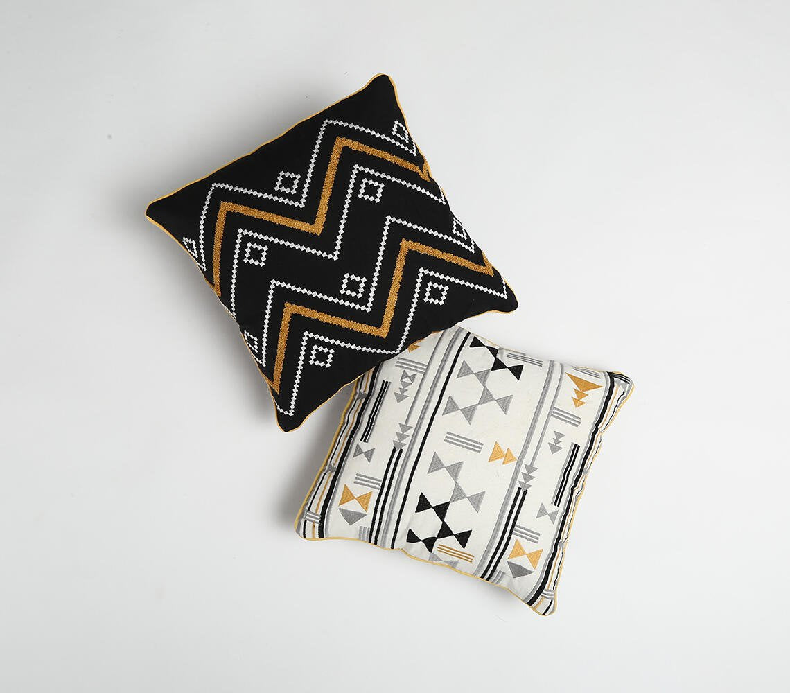 Eco-Friendly Embroidered Geometric Cotton Cushion Cover, 16 x 16 inches