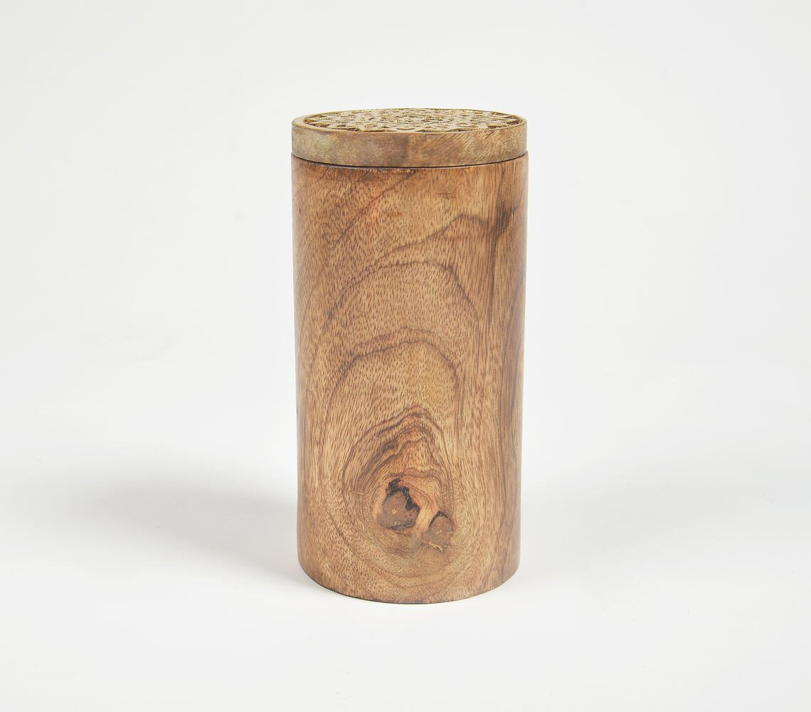 Wood Turned Cylindrical Storage Jar with Carved Lid