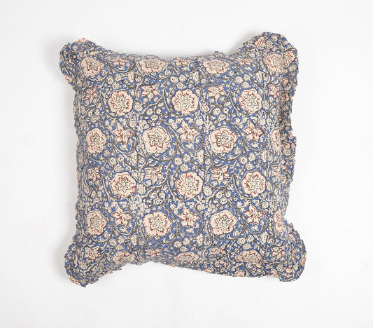 Block Printed Floral Cotton Cushion Cover with Ruffled Edges, 18 x 18 inches