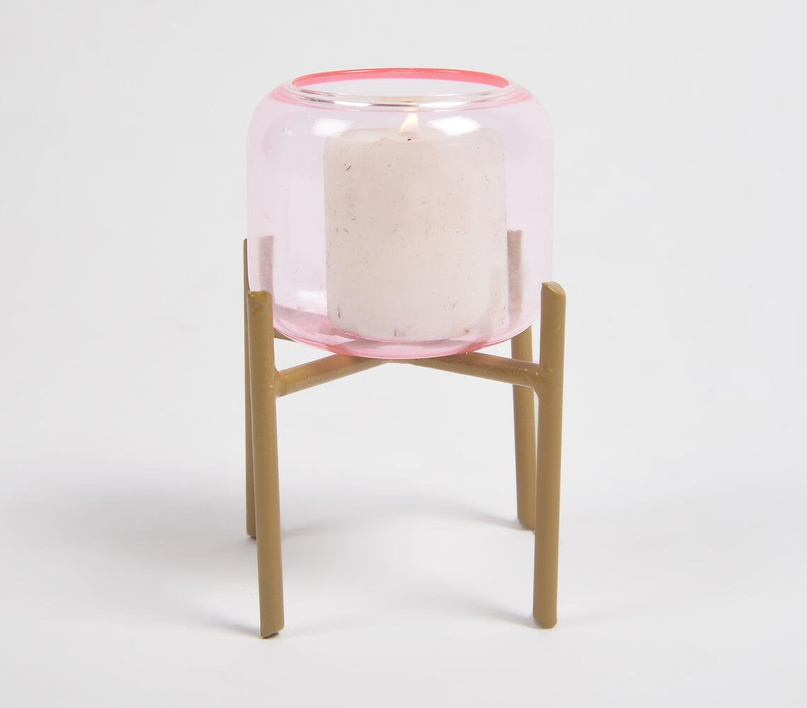 Berry Pink Glass Candle Holder with Metal Stand