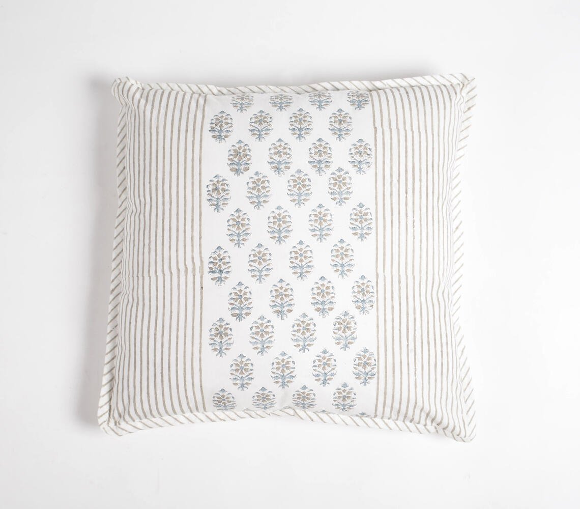 Classic panelled Block Printed Cotton Cushion Cover, 18 x 18 inches