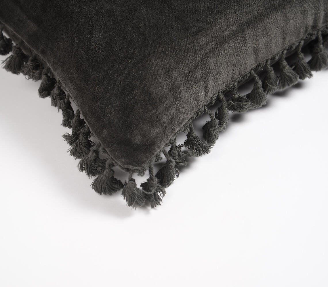 Solid Black Velvet Cotton Cushion Cover with Border Fringes, 20 x 12 inches