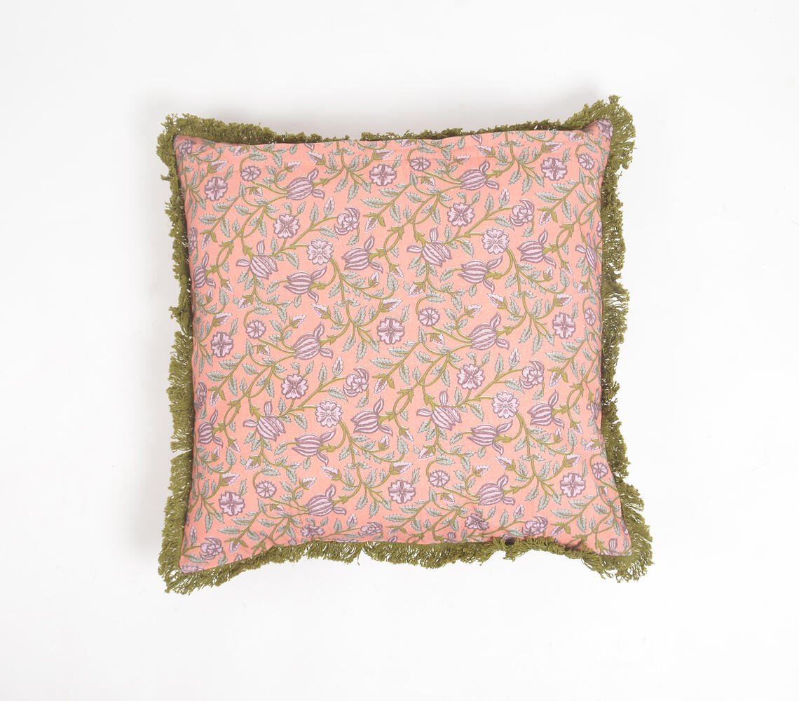 Floral Pink Cotton Cushion Cover with Olive Fringes, 18 x 18 inches