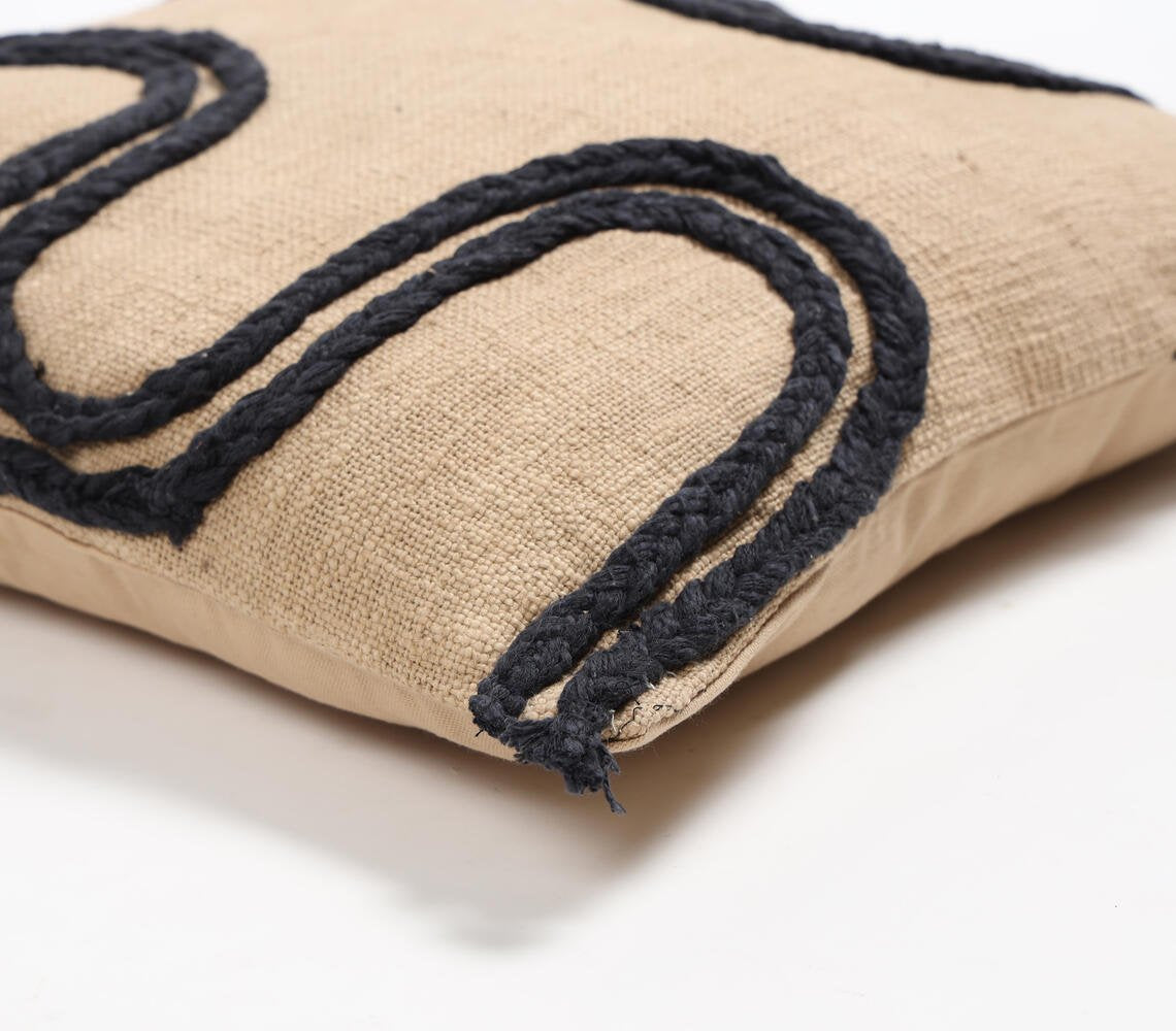 Handwoven Cotton Black Braided-Waves Cushion Cover, 18 x 18 inches