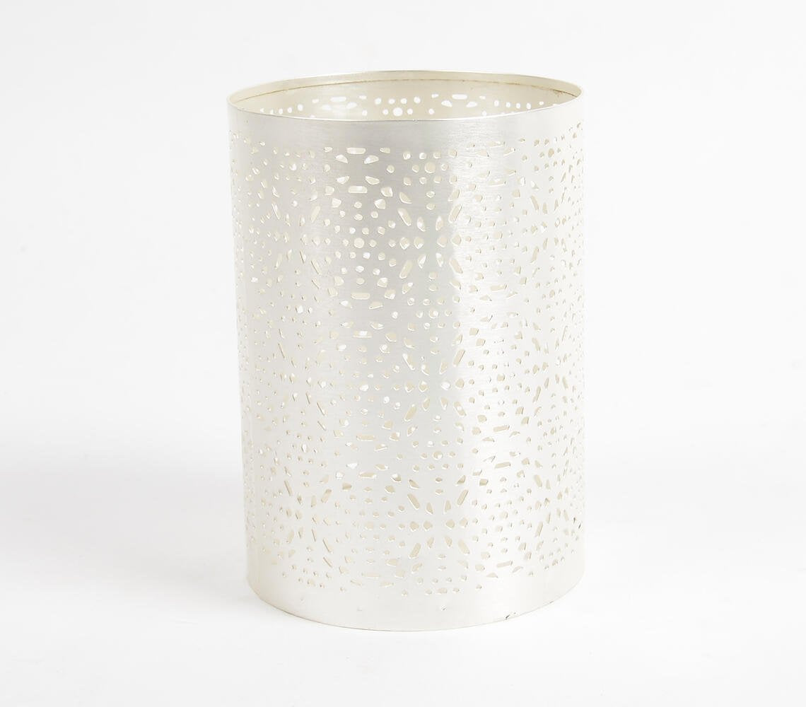 Honeycomb Jali Cut Silver-Toned Iron Candle Holder