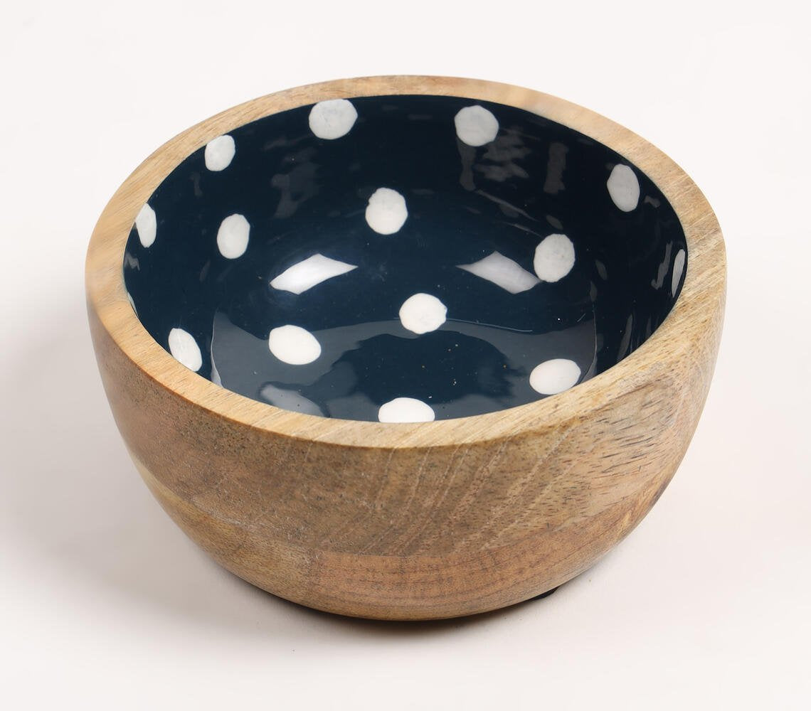 Enamelled Polka Dotted Navy Blue Wooden Bowl