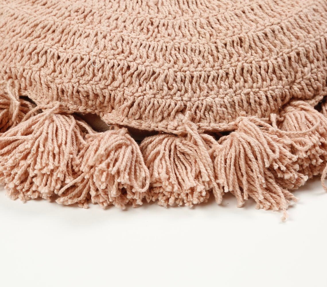 Knitted & Fringed Pastel Orange Cushion cover