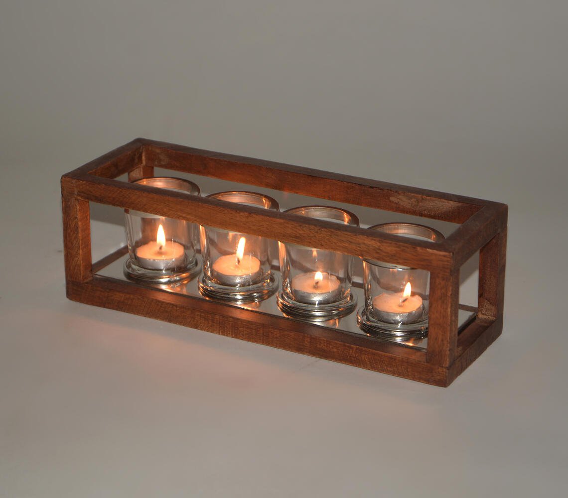 Classic Five Glass Tea Light Holders with Wooden Frame