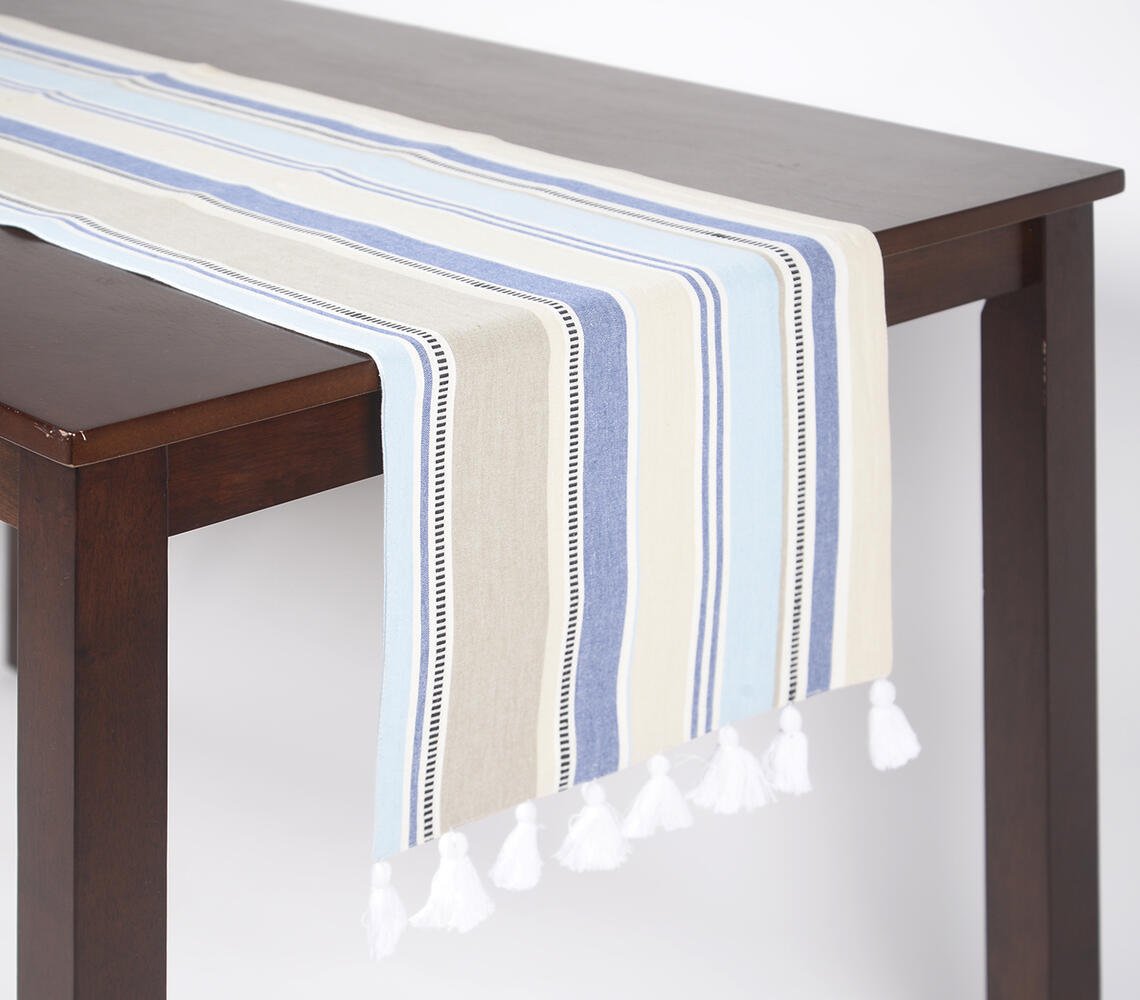 Ocean Striped & Tasseled Handloom Cotton Table Runner