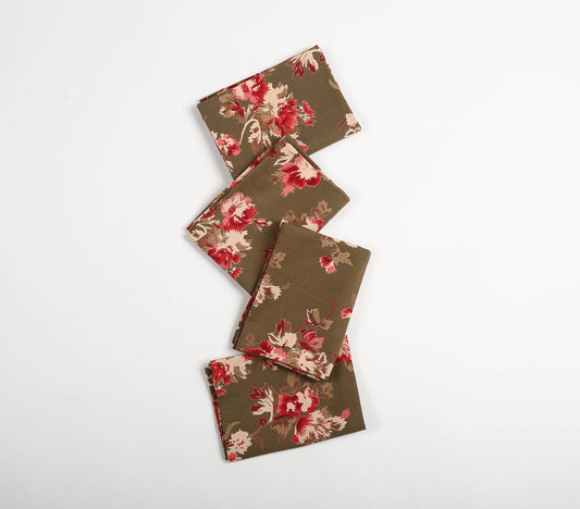 Set of 4 - Umber Floral Printed Cotton Napkins