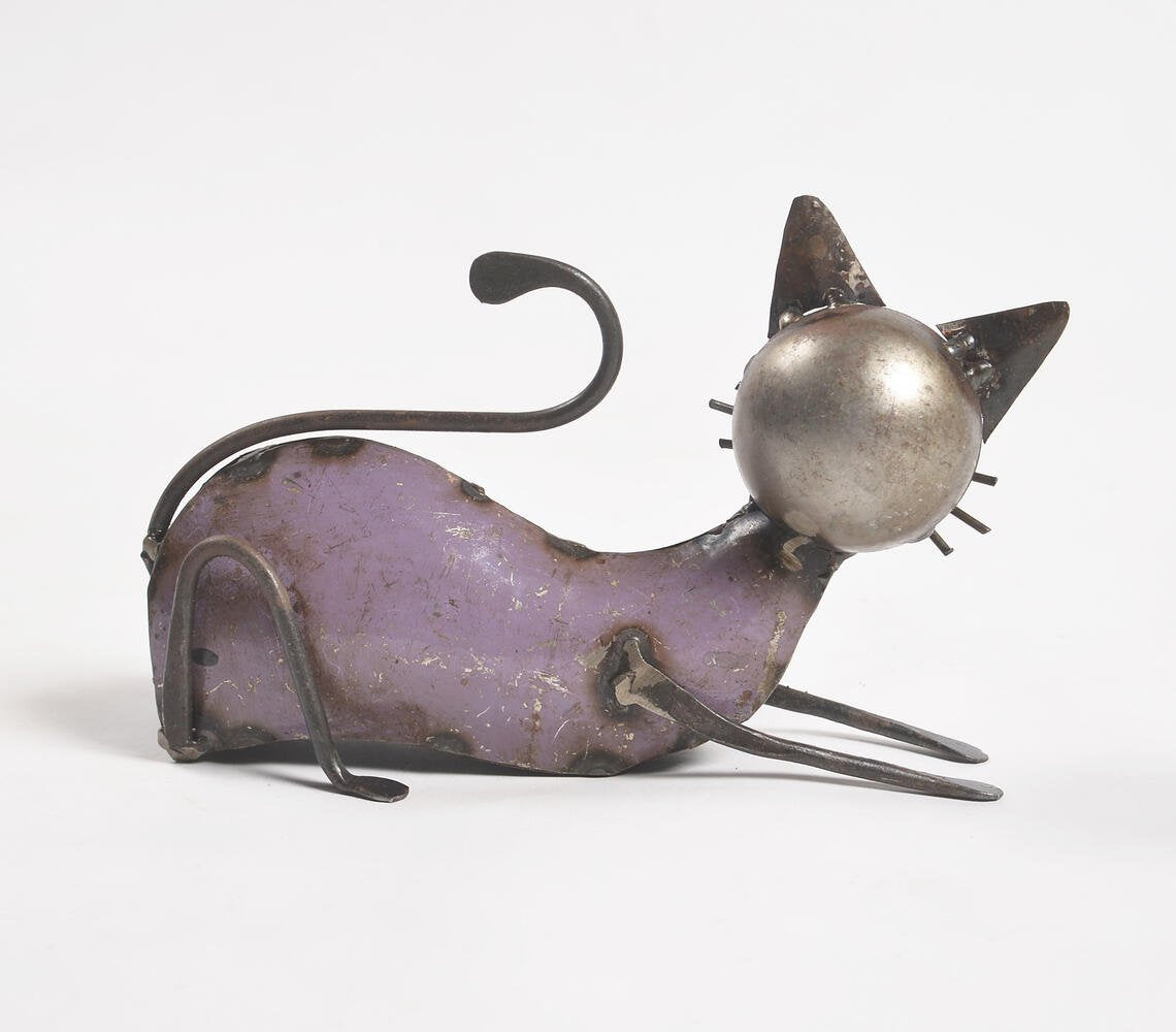 Hand Beaten Recycled Iron Sitting Cat Figurine