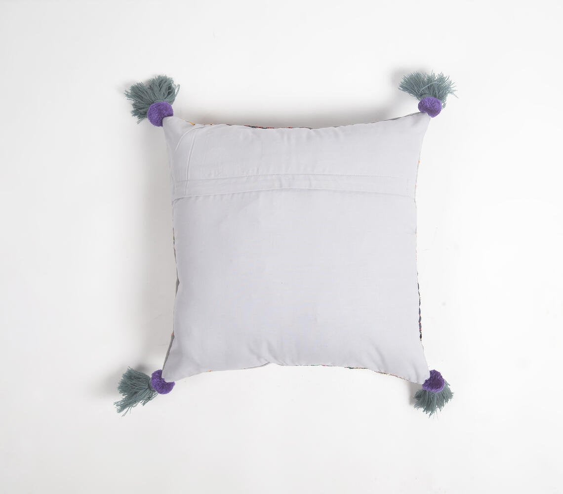 Embroidered-Patch Work Cotton Tasseled Cushion Cover