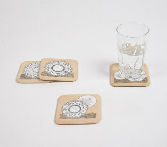 Hand Printed Ethnic Floral Wooden Coasters (set of 4)