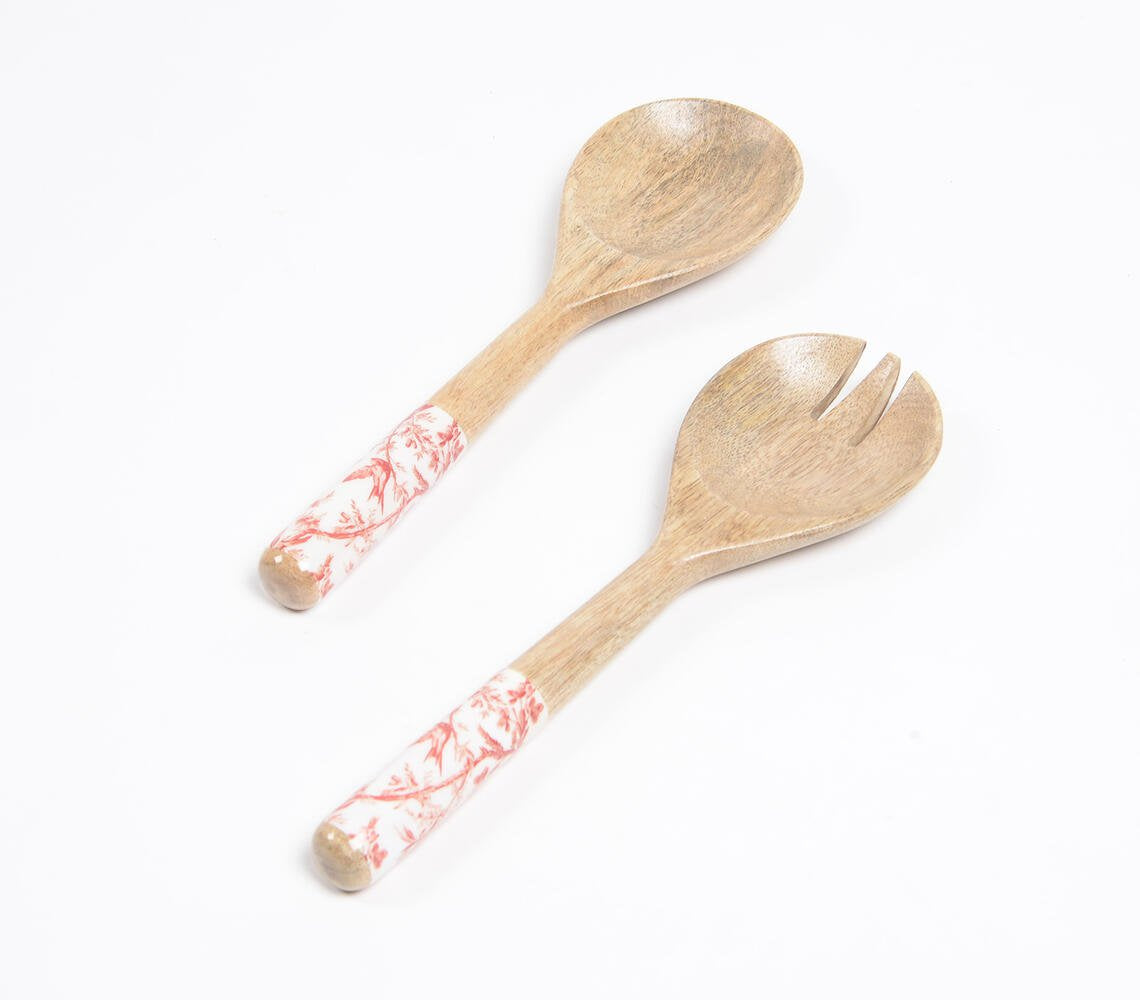 Enamelled Mango Wood Botanical Salad Servers Combo