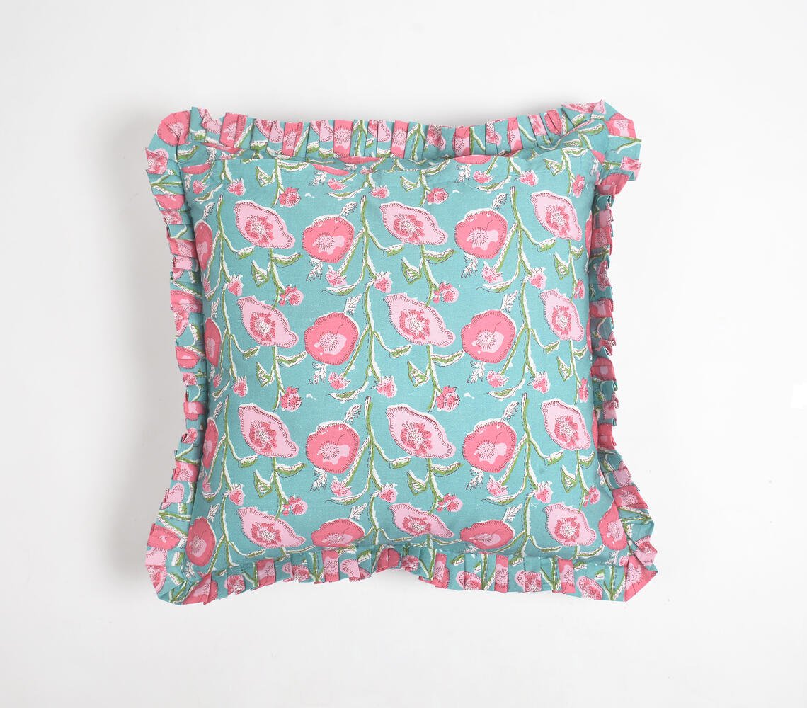 Floral Sea Blue Cotton Cushion Cover, 18 x 18 inches