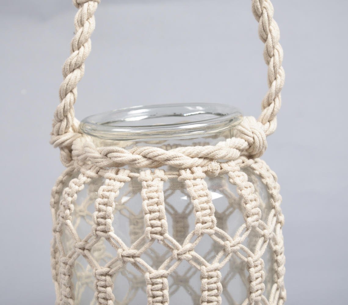 Macrame geknoopte hangende glazen vaas (groot)