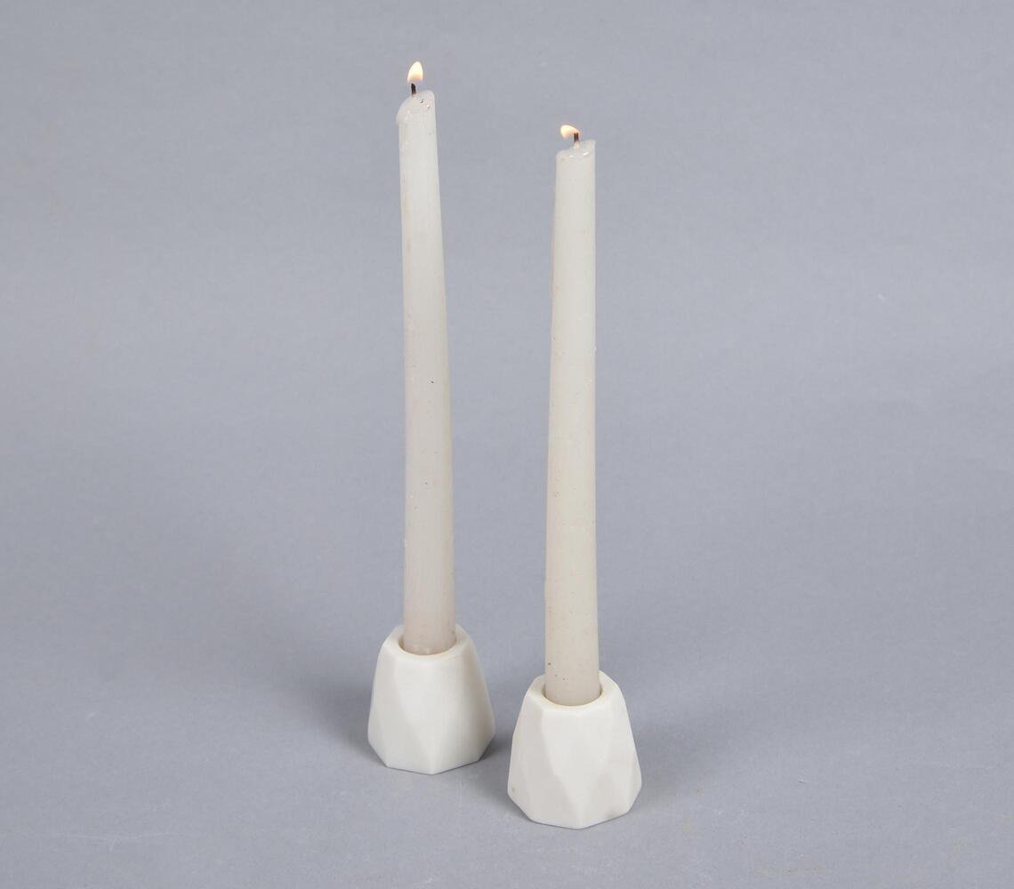 Turned White Stone Candle Holders (set of 2)