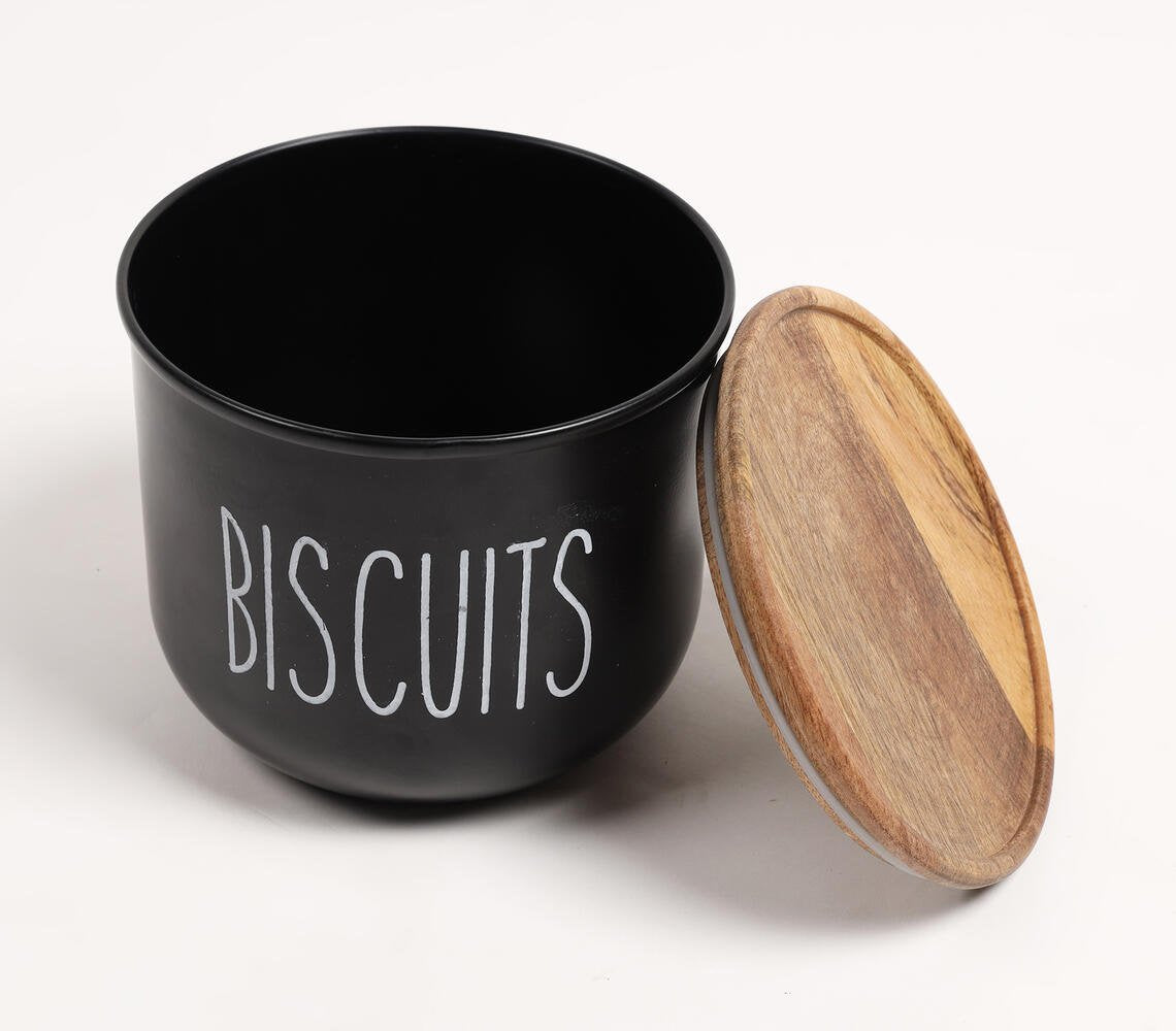 Matte-Black Typographic Metal Canister with Wooden Lid