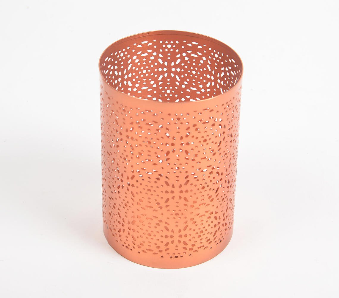 Honeycomb Jali Cut Rose-Gold Iron Candle Holder