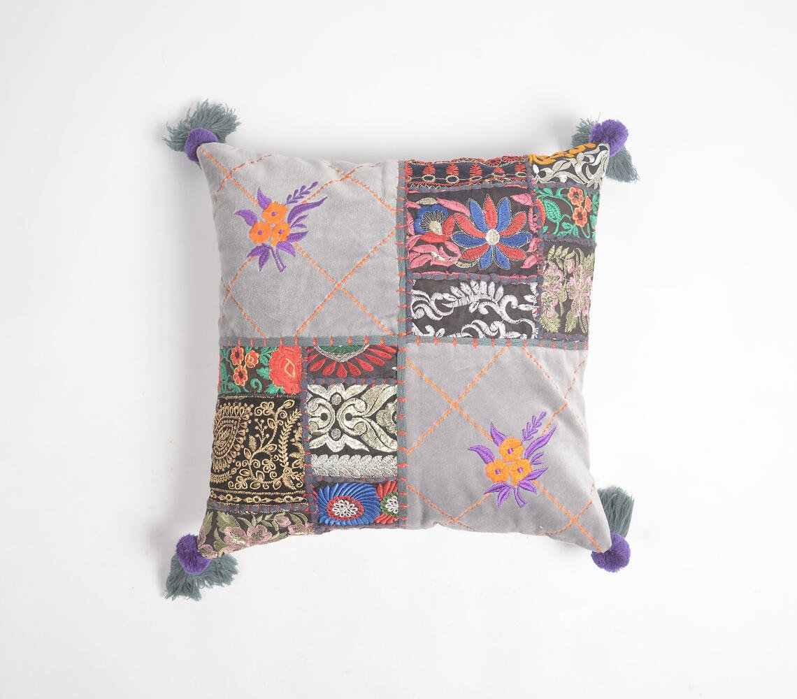 Embroidered-Patch Work Cotton Tasseled Cushion Cover