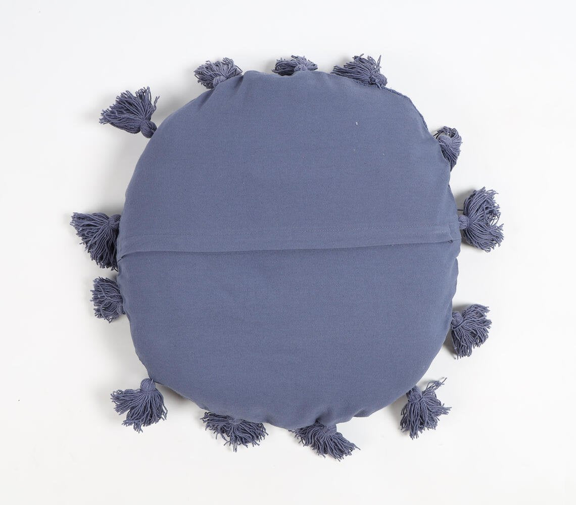 Tasseled Round Blue Cushion Cover