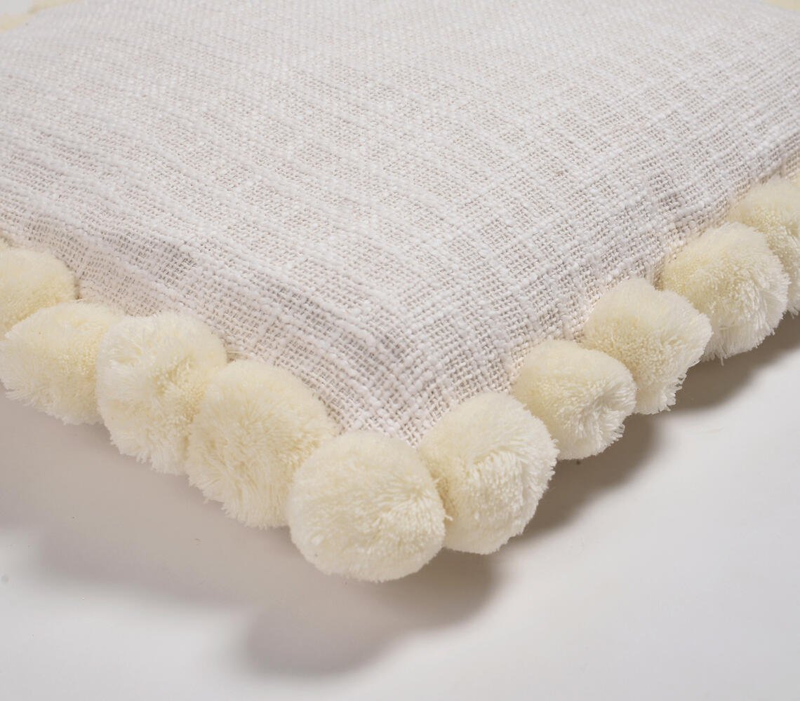 Solid Ivory Cotton Cushion Cover with Pom-Pom Border