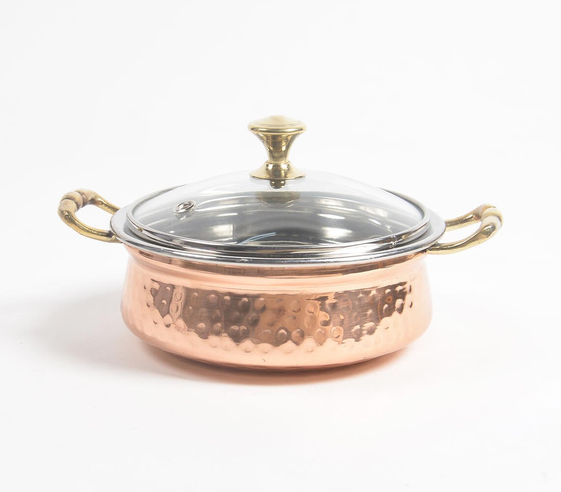 Handcrafted Steel Copper Serving Bowl with Glass Lid (Dia 6.8in)